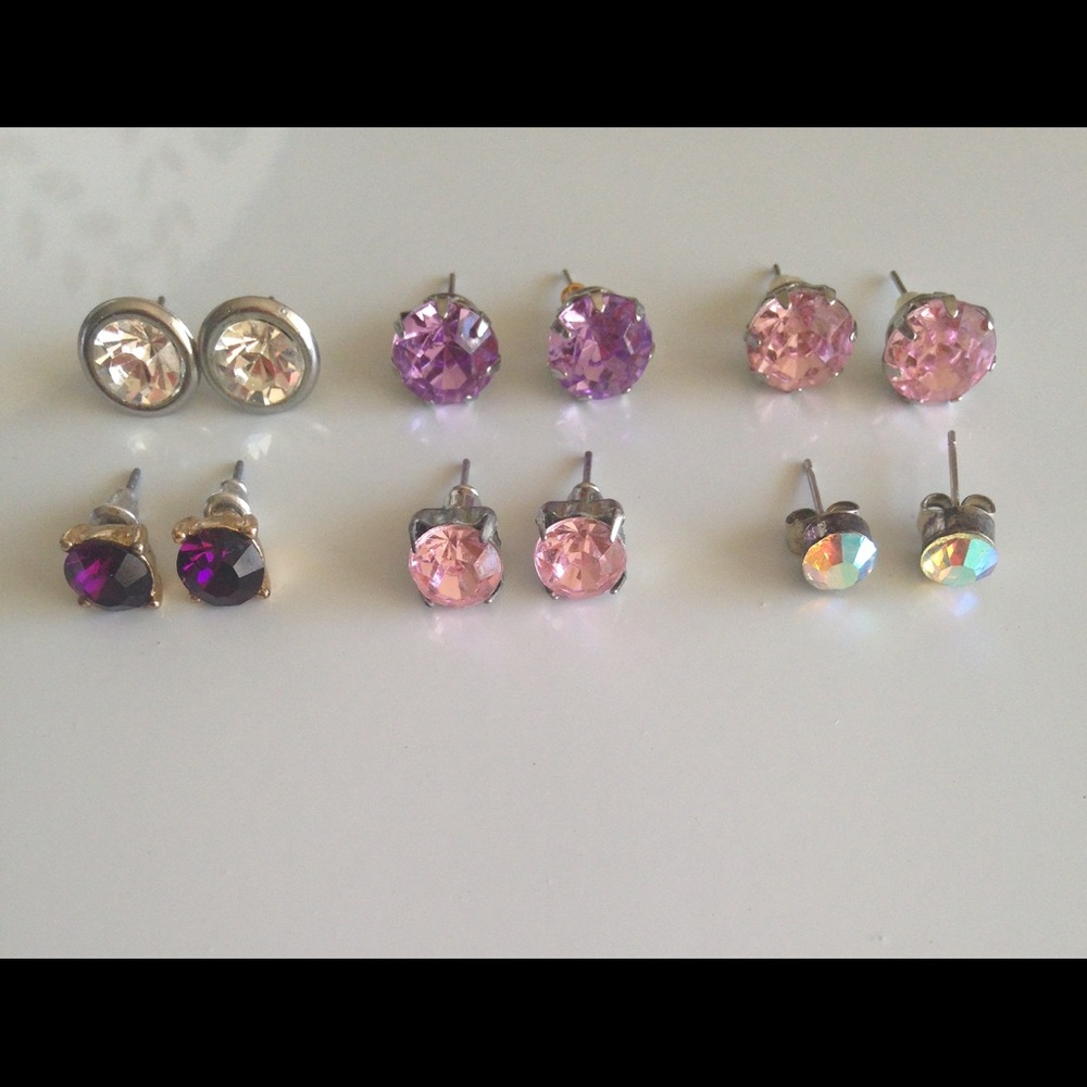 Six Pair Set Crystal Stud Post Fashion Earrings - Picture 2 of 4